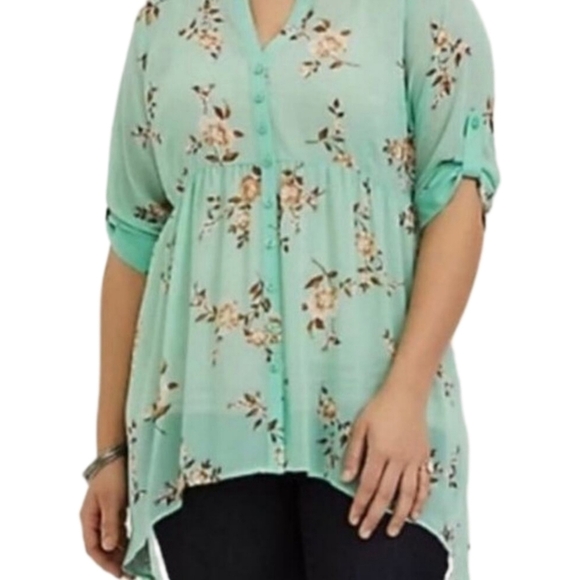 Torrid Hi-Lo Tunic Top Sheer Mint Rolled Up SleeveBoho Cottagecore Plus Size 0 - Picture 2 of 4